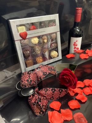 Single Rose with Chocolates and Red Wine