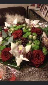 Luxury Red Naomi rose, cymbidium orchid and santini bouquet