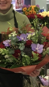 Red Naomi rose and blue Vanda bouquet