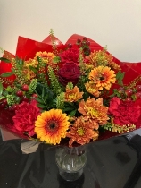 Red rose, germini, coronation, chrysanthemum bouquet